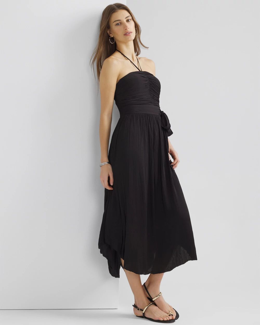 Petite Strapless Pleated Tie-Waist Dress