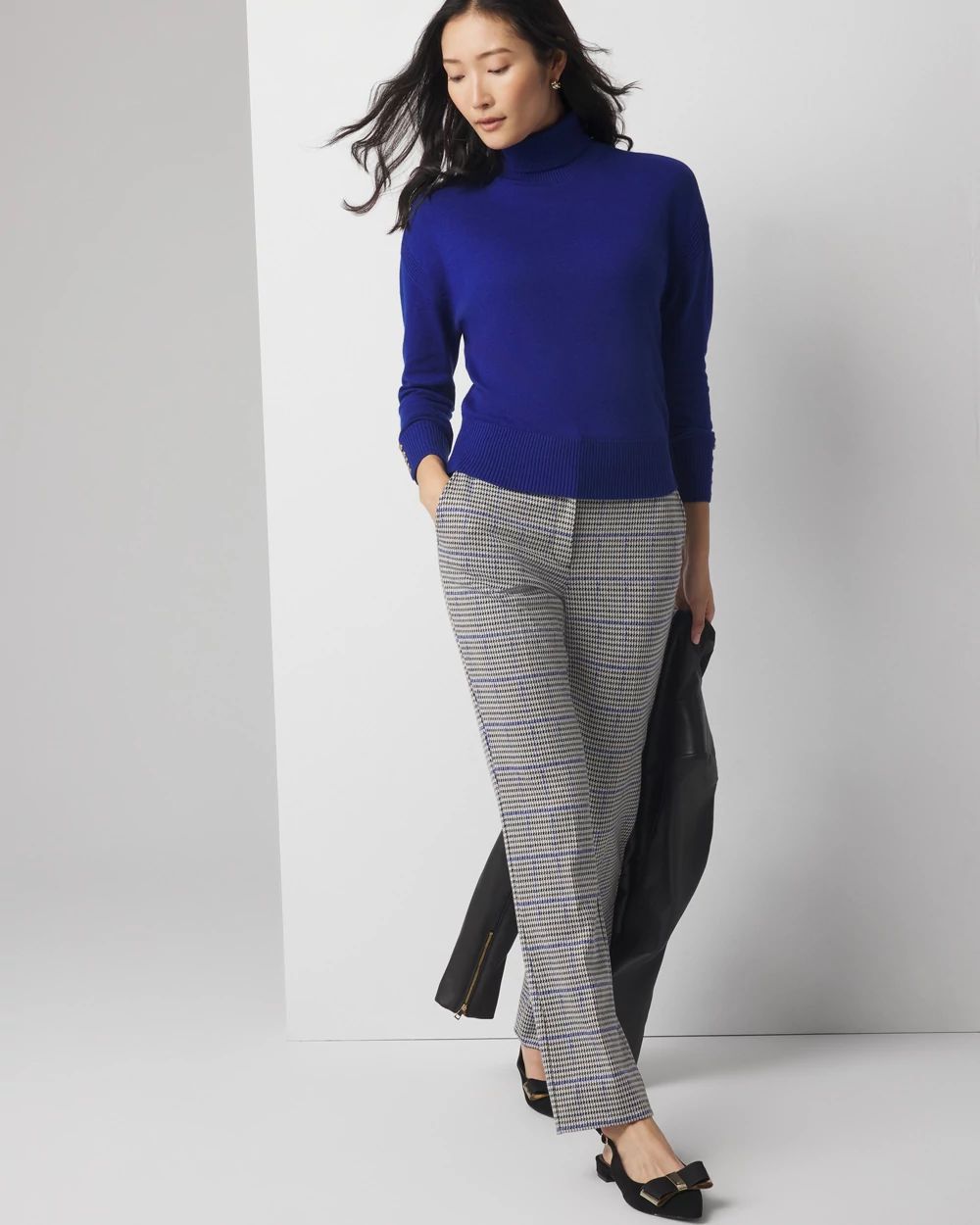 Petite Straight Leg Houndstooth Luxe Plaid Pants