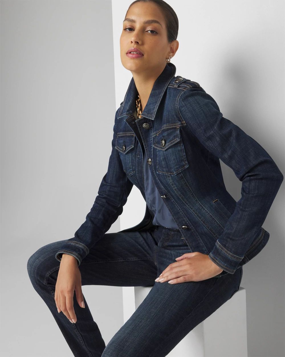 Button-Shoulder Denim Jacket