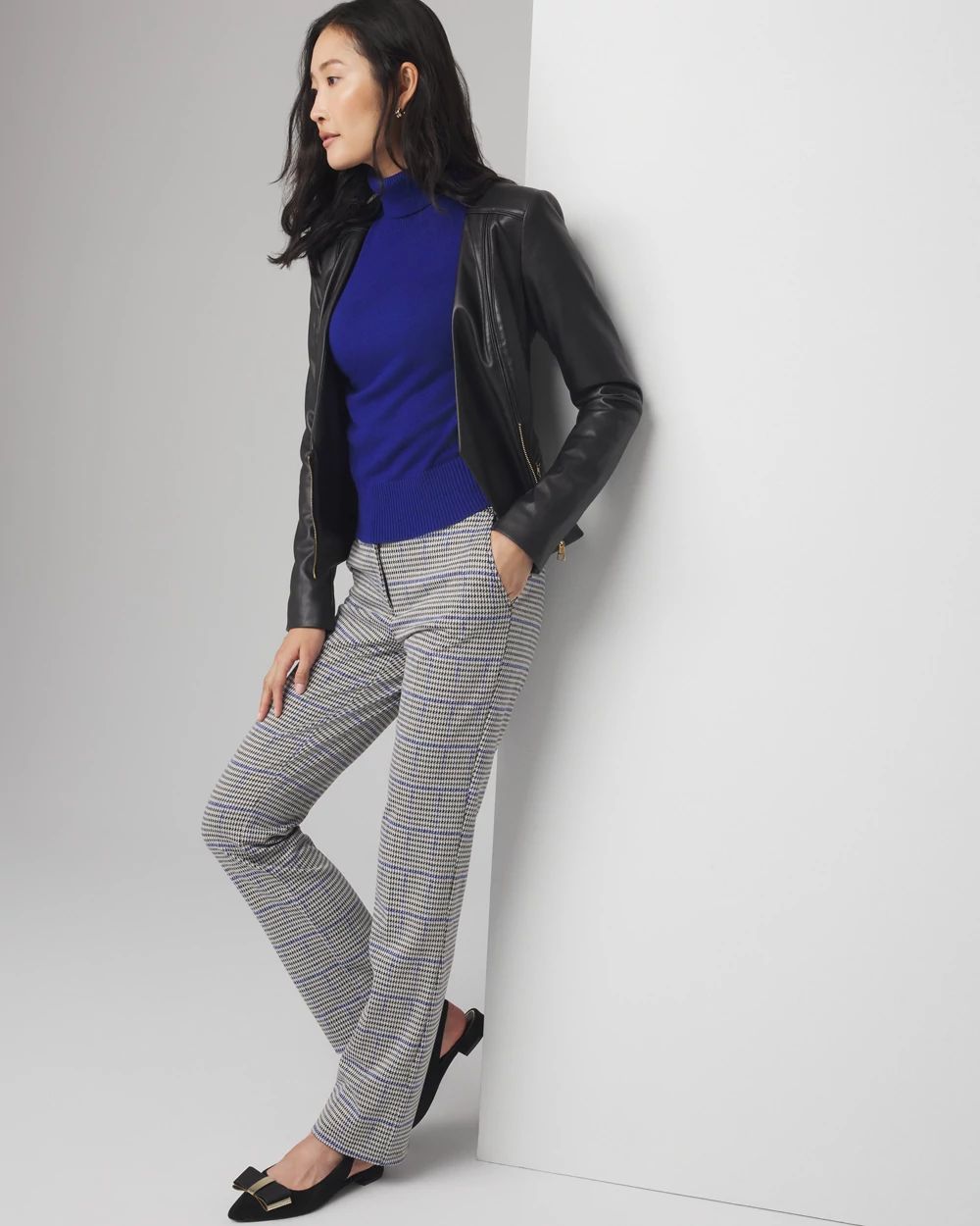 Petite Straight Leg Houndstooth Luxe Plaid Pants