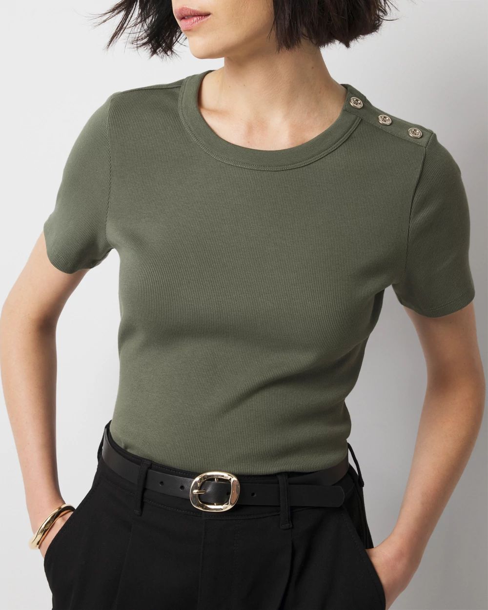 WHBM FORME™  Ribbed Stretch Button Shoulder Tee