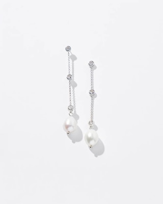 Silver Fresh Water Pearls Crystal Linear Earrings