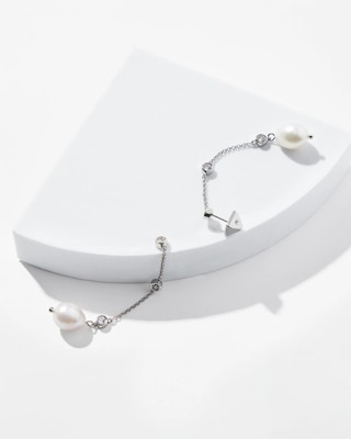 Silver Fresh Water Pearls Crystal Linear Earrings
