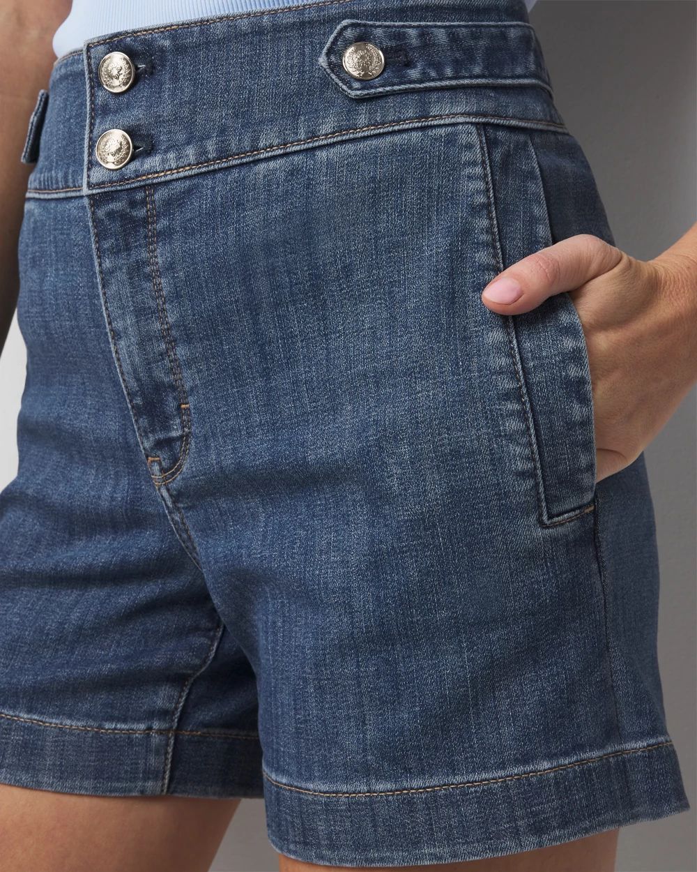 Extra High-Waist Novelty Button Denim Shorts